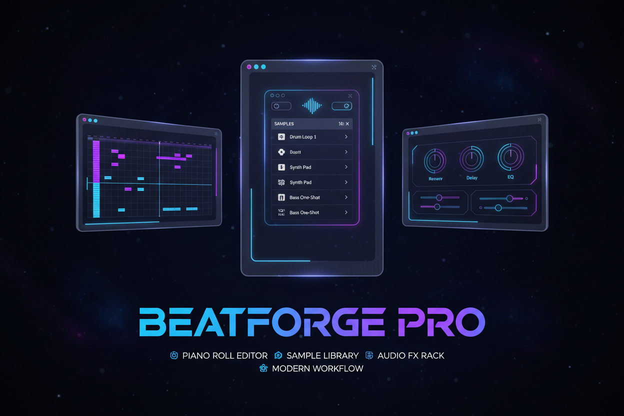 BeatForge Pro feature highlights — piano roll, sample browser, effects rack