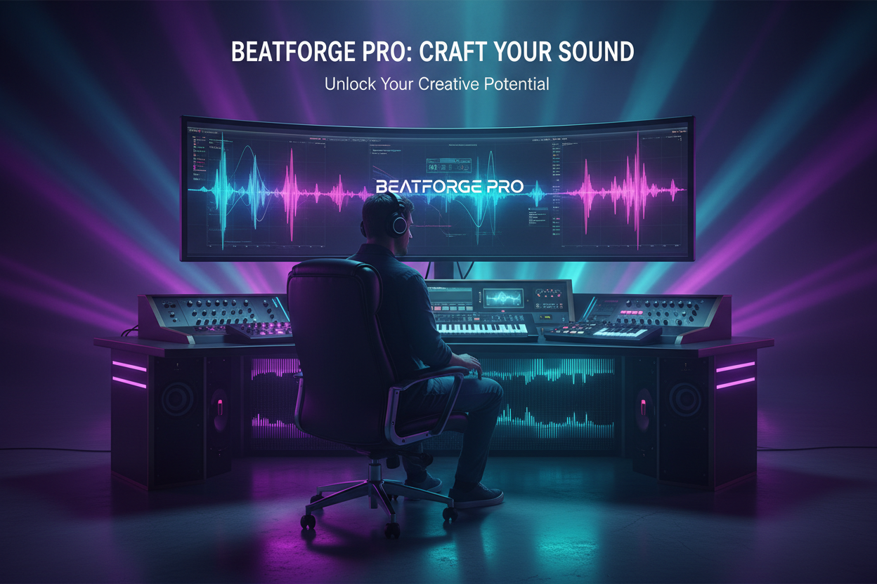 Producer working with BeatForge Pro at a professional workstation